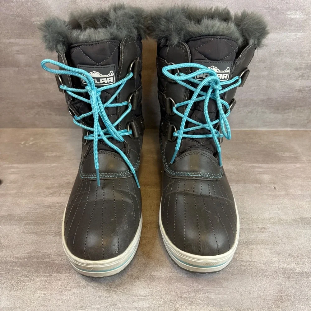 Polar Womens Winter Snow Boots Gray Faux Fur Trim Quilted Duck Boots Blue Laces